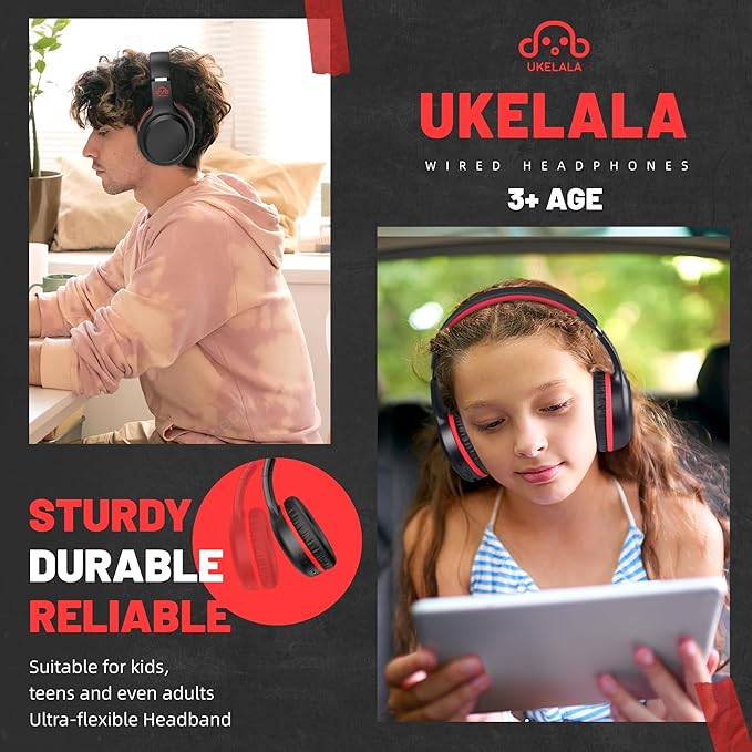 U2B Active Noise Canceling Wired & Wireless Bluetooth 6.0 Headphones with Microphone, Foldable Lightweight Head Phones with Volume Control‌ for Kids Adult School Black Red