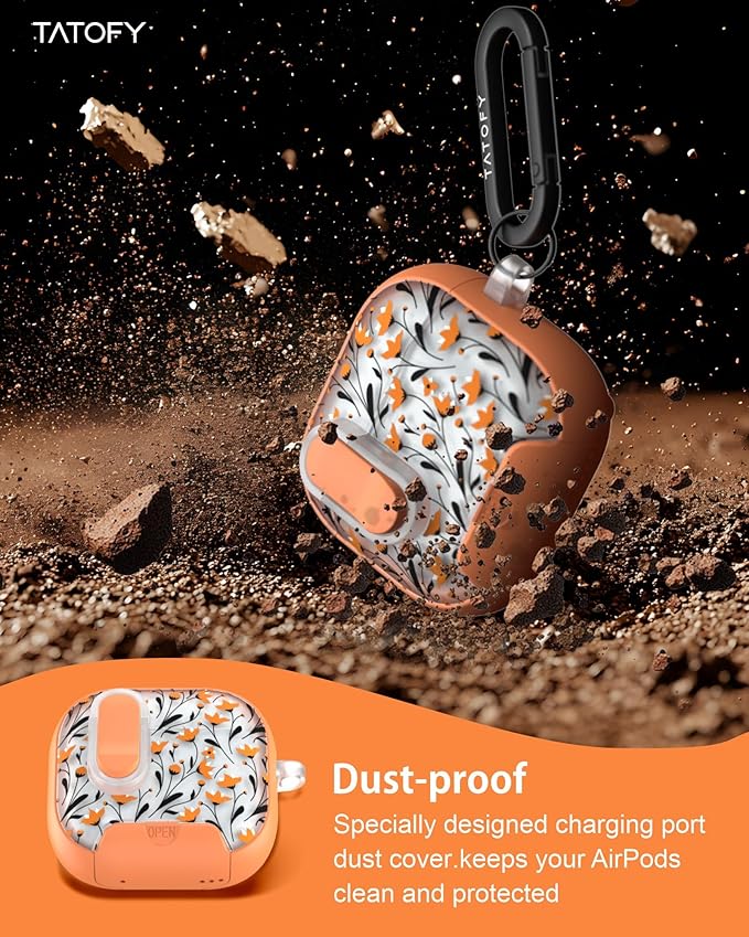 TATOFY for AirPods 4th Generation Case with Phone Stand Lanyard Lock Cleaning Kit, Compatible with Magsafe, Flowers Hard AirPod 4 Cover for Women (Orange, AirPods 4th)