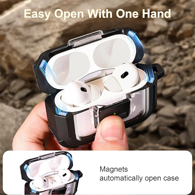 RFUNGUANGO for AirPods Pro 2 Case, Compatible with AirPods Pro 2nd/1st Generation Case, Compatible with MagSafe, Magnetic Automatic Lock with Cleaner Kit and Keychain, Front LED Visible, Black