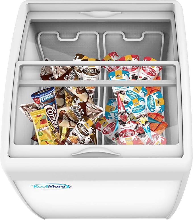 KoolMore - MCF-6C Commercial Ice Cream Freezer Display Case, Glass Top Chest Freezer with 2 Storage Baskets and Clear, Sliding Lid, 5.7 cu. ft. Capacity, White