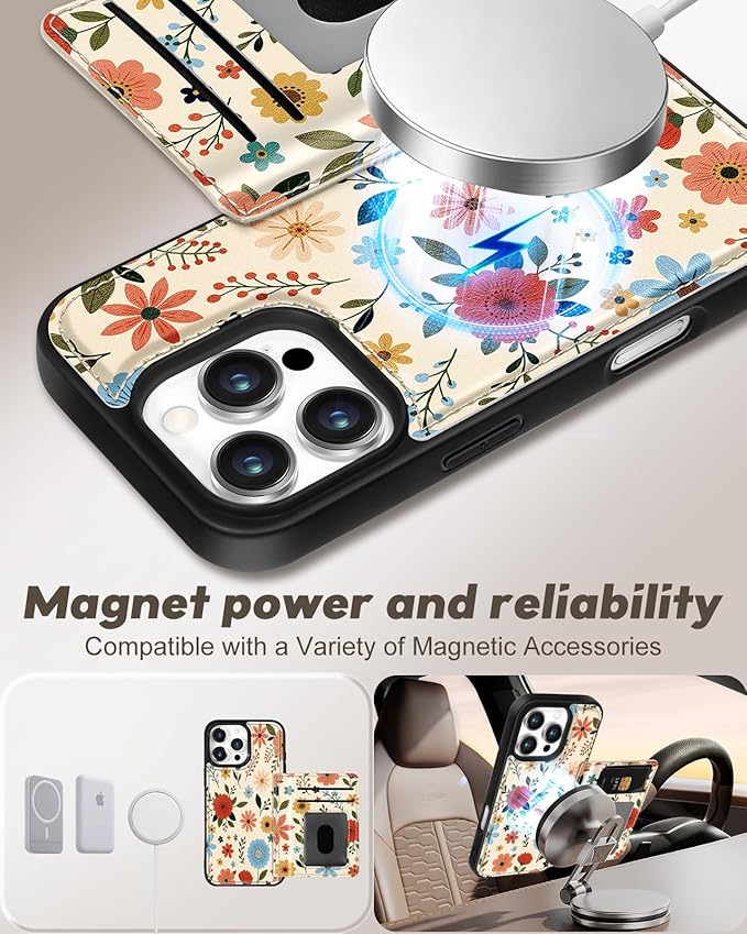 for iPhone 16 Pro Case with Wallet - Fits 4 Card Slots, Compatible with MagSafe for Women Aesthetic Durable PU Leather Credit Card Holder Kickstand Phone Cover for Apple 16 Pro, Beige Flower