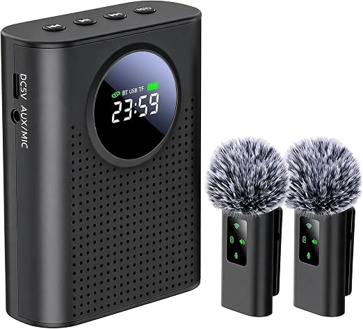 S67 Voice Amplifier Wireless Microphone Dual for Teachers Classroom Rechargeable, Mini Lavalier Lapel Mic, Portable Speaker PA System with LED Display for Class, Tour Guide, Coaches, Black