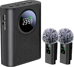 S67 Voice Amplifier Wireless Microphone Dual for Teachers Classroom Rechargeable, Mini Lavalier Lapel Mic, Portable Speaker PA System with LED Display for Class, Tour Guide, Coaches, Black