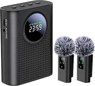 S67 Voice Amplifier Wireless Microphone Dual for Teachers Classroom Rechargeable, Mini Lavalier Lapel Mic, Portable Speaker PA System with LED Display for Class, Tour Guide, Coaches, Black