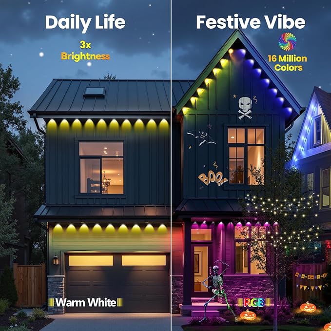 Permanent Outdoor Lights, 150ft RGB+IC Smart LED Eaves Lights, IP67 Waterproof Outdoor Lighting with App/Remote Control for Christmas, Halloween, Holiday, Daily, Party, Ideal for House Roof