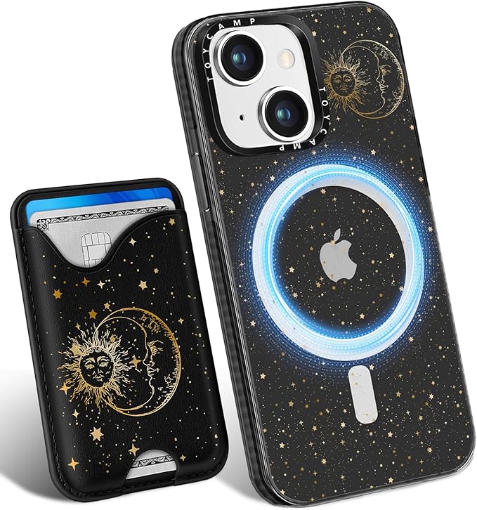 Toycamp for iPhone 14 Plus Case - Compatible with Magsafe Credit Card Holder Wallet Magnetic Cute Women Teen Girls Kawaii Girly Unique Sun Moon Design Phone Cover for iPhone 14 Plus