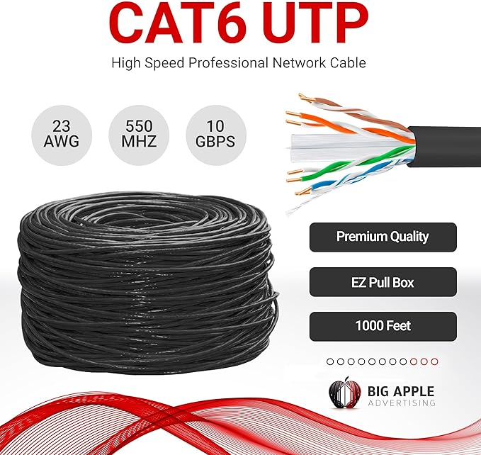 Big-A - Bulk Cat6 Cable 1000ft 23AWG Solid 4 Pair, Cat 6 Ethernet Cable Unshielded Twisted Pair (UTP), (CMR) 550MHz Internet Cable, Pull Box - Black