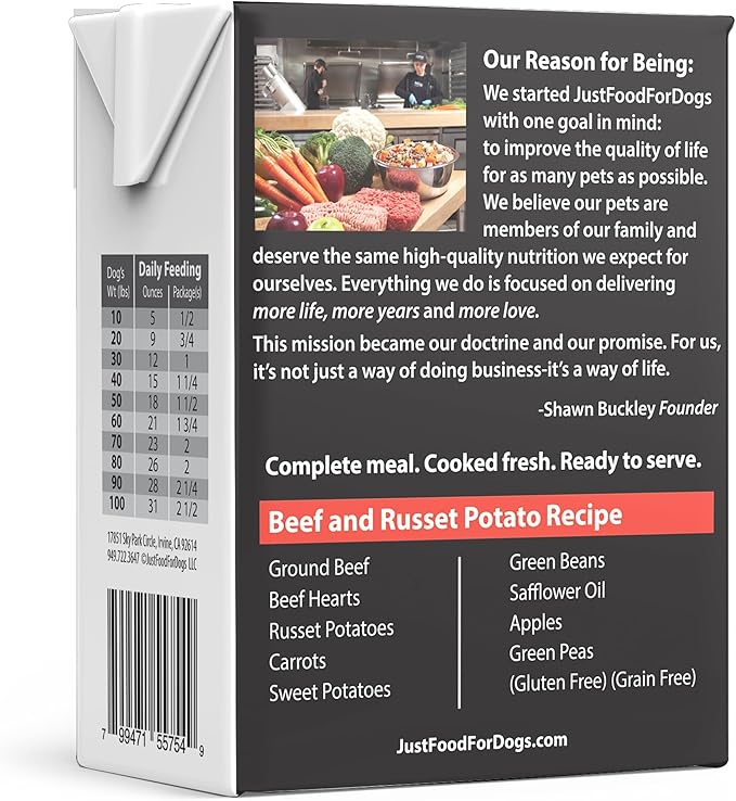 JustFoodForDogs Pantry Fresh Wet Dog Food, Complete Meal or Dog Food Topper, Beef & Russet Potato Human Grade Dog Food Recipe - 12.5 oz (Pack of 6)