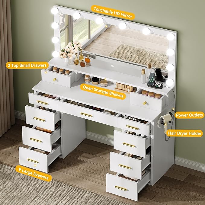 YITAHOME Large Vanity Desk with Mirror and Lights, Big Makeup Vanity with Power Outlets & 11 Drawers, 3 Lighting Modes Adjustable Bedroom Dressing Table for Bedroom, Dressing Room, White