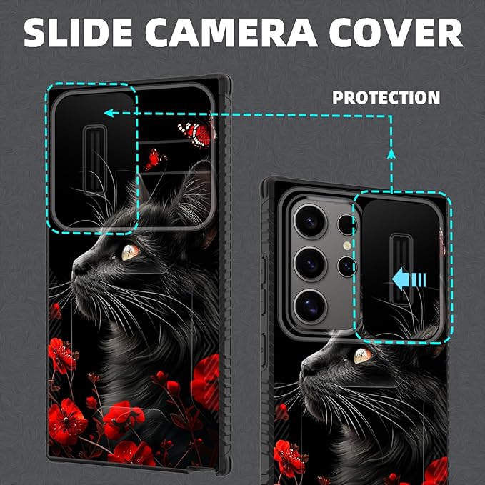 for Galaxy S24 Ultra Case Built in Slide Camera Lens Cover,Heavy Duty Shockproof Protection Dual Layer Case for Samsung Galaxy S24 Ultra 6.8" 2024,Black Cat Flowers and Butterflies