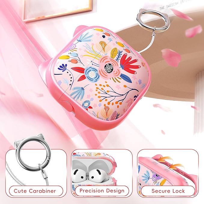 for AirPods 4 Case with Cleaning Kit, Cute Cat Ear Print Design & Cute Buckle, Inverted Phone Holder Design, Top Safe Lock Buckle Design, for Girls AirPods 4 case 2024, Pink Flower