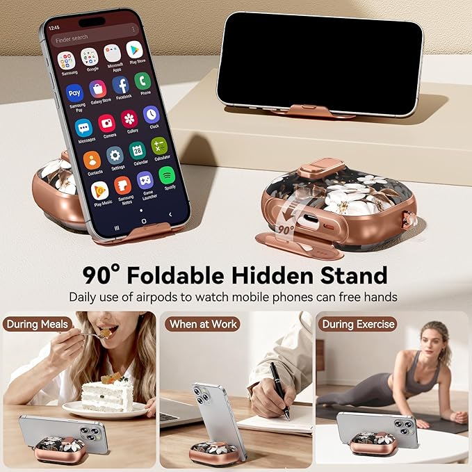 for AirPod Pro 3 Case 2025, with Safty Lock & Phone Stand for Floral AirPod Pro 3 Generation Case Cover for Women Girly, iPod Pro 3 Cases with Keychain & Cleaner Kit - Black Gold Flower