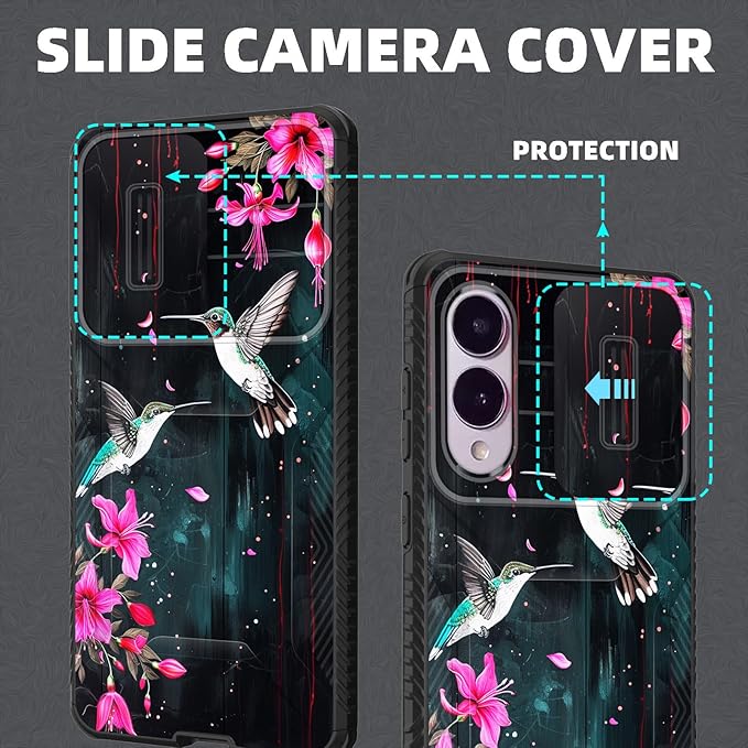 for Galaxy S25 Edge Case Built in Slide Camera Lens Cover,Heavy Duty Shockproof Protection Dual Layer Case for Samsung Galaxy S25 Edge 2025,Flower Hummingbird