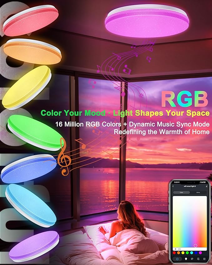 WF-Version LED Ceiling Light with Speaker 40W 12Inch Control via app/Voice/Remote Adjustable Brightness & Color Temperature Ceiling Lamp RGB Ambient Lighting for Bedroom Kids Room and More