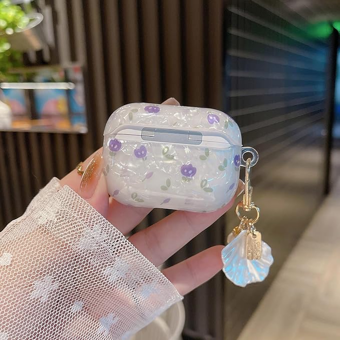 Cute Airpod Pro 2 Case Flower with Shell Pearl Keychain Floral Marble Hard TPU Protective Cover Compatible with AirPods Pro 2nd Generation Case for Girls Women (Tulip Purple)