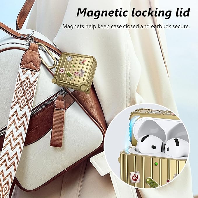Filoto Compatible with Airpods 4 Case, Cute Fashion Suitcase Design for Airpods 4th Generation Case Cover, Shockproof Protective Hard Case with Keychain/Cleaner Kit (Gold, Airpods 4 Case)