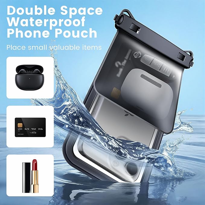 IPX8 Waterproof Phone Pouch, [Up to 8.5''] Double Space Waterproof Phone Case with Lanyard for iPhone 17 16 15 14 Pro Max, Cellphone Dry Bag for Beach Vacation Cruise Essentials, 2 Pack