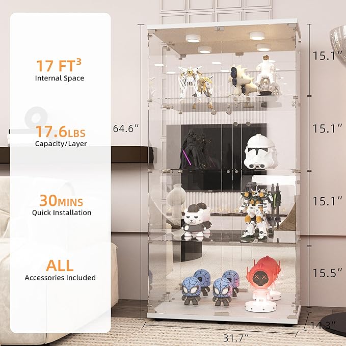 LFT HUIMEI2Y Glass Display Cabinet 4-Shelf with LED Light, Mirror and Lock, 2 Door Curio Cabinets, Tempered Glass Collection Display Showcase for Bedroom, Living Room 65”x 17”x 14” White