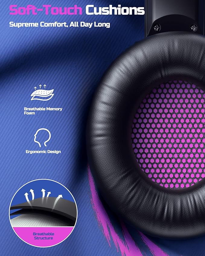 BINNUNE Wireless Gaming Headset — 2.4GHz Low-Latency USB Dongle + Bluetooth, 50mm Drivers 7.1 Surround, Noise-Cancelling Mic, 40H Battery — Over Ear Wireless Headphones for PS5, PC, Laptop, Purple