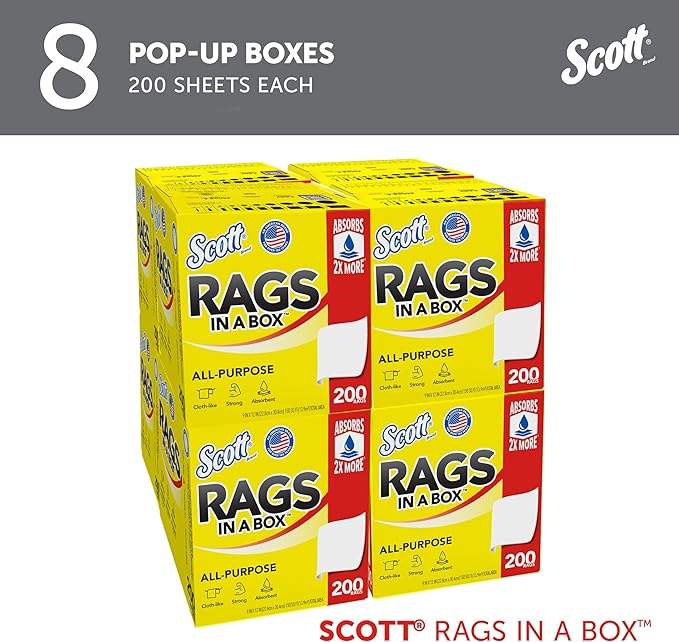 Scott Rags In A Box (75260), All-Purpose Towels, Large 9"x12" Paper Towel, Pop-Up Box (8 Boxes of 200 Sheets, 1,600 Sheet Total)