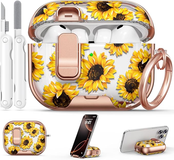 for AirPod Pro 3 Case 2025, with Safty Lock & Phone Stand for Floral AirPod Pro 3 Generation Case Cover for Women Girly, iPod Pro 3 Cases with Keychain & Cleaner Kit - Yellow Sunflower