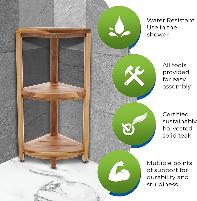 EcoDecors SnazzyCorner Natural Teak Corner Shower 3 Tier Shelf – Bathroom Organizer | Natural Wood Colors | Waterproof Teak Shower Caddy | Bathroom Storage & Organization | 33 Inches Tall