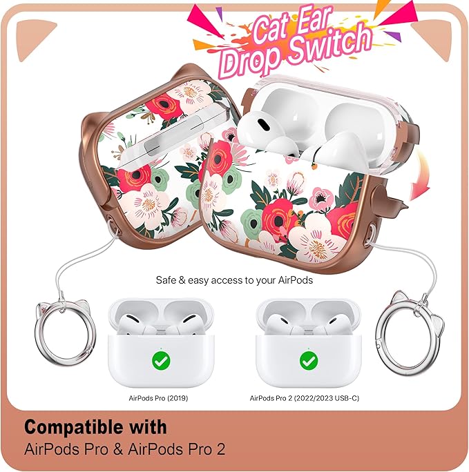 RFUNGUANGO AirPods Pro Case for Women Girly Cat Case with Lock, Phone Stand, Keychain & Cleaner Kit, Compatible with Apple Airpods Pro 2nd/1st Generation Case Cover, Rose Gold Flower