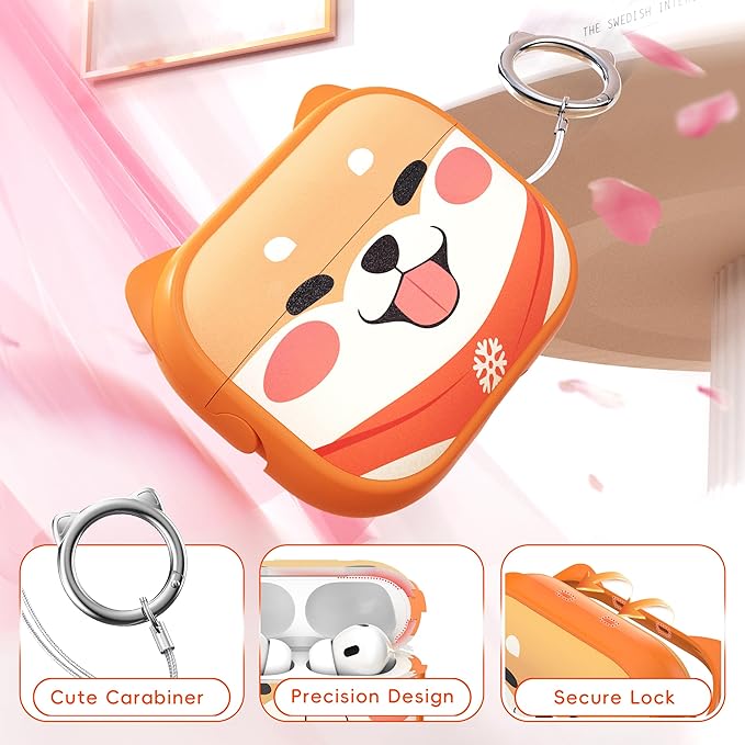 for AirPods Pro 2 Case with Cleaning Kit, Cute Cat Ear Print Design & Cute Buckle for Girls, Phone Holder & Top Safe Lock Buckle Design for AirPods Pro 2nd/1st Gen case, Orange Dog