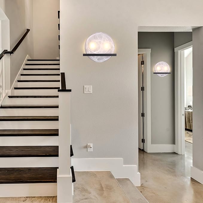 2 Light 10" Round Frosted Glass Bathroom Wall Sconce Modern Concise Style Wall Light Fixture,Black Finish for Bedroom Hallway Bedside
