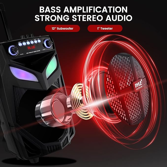 Pyle 800W Portable Bluetooth Speaker System Loud 12" Subwoofer, And Wireless Mic, Pa Speaker Is Wireless And Includes Wheels & 4 Hr Battery Life – for Karaoke, Parties & Outdoors