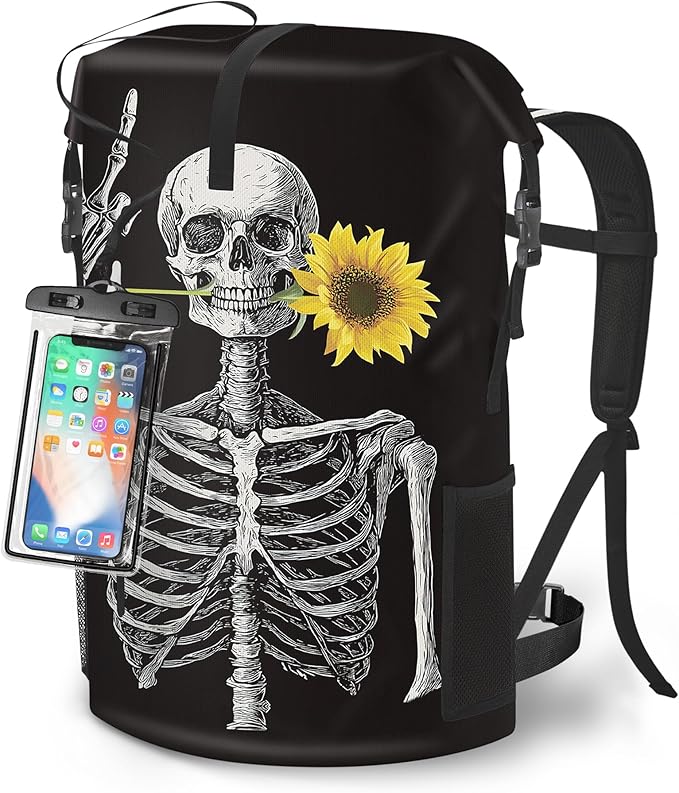 Waterproof Dry Bag Heavy Duty Marine Dry Bags for Kayaking Hiking Skull Sunflower Black Backpack Roll-Top Closure Bag - Backpack Waterproof Phone Case 35L/55L/85L