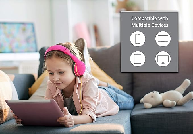 eKids Kids Headphones, Stereo Sound, 3.5mm Jack Cord, Wired Headphones for Kids, Tangle-Free, Volume Control, Childrens Earphones Over Ear for Travel Pink