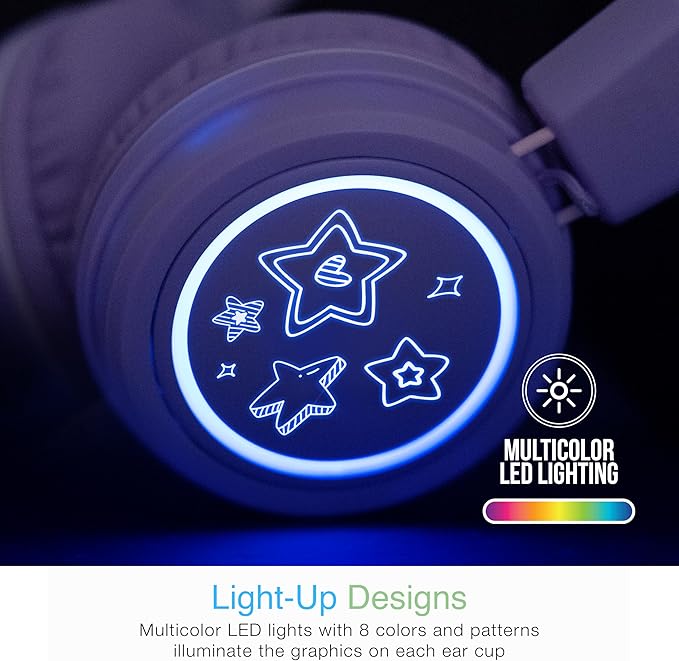 MEE Audio KidJamz KJ55BT Bluetooth Wireless Safe Listening Headphones for Children w/LED Lights, 85dB Volume Limiter, Microphone, & 40h Battery; Kids Headset for School/iPhone/iPad/Tablet (Lavender)