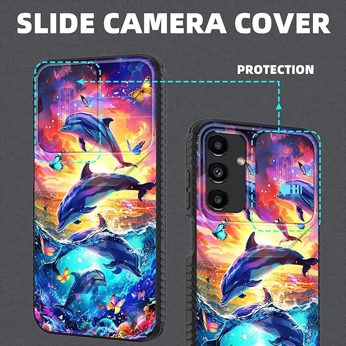 for Galaxy A15 5G Case Built in Slide Camera Lens Cover,Heavy Duty Shockproof Protection Dual Layer Case for Samsung Galaxy A15 5G 6.5 inch 2024,Dolphins and Butterflies
