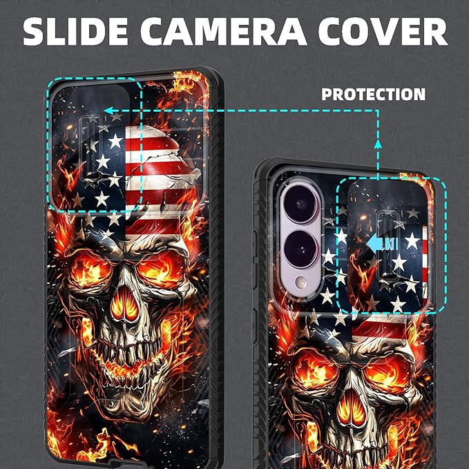 for Galaxy S25 Edge Case Built in Slide Camera Lens Cover,Heavy Duty Shockproof Protection Dual Layer Case for Samsung Galaxy S25 Edge 2025,American Flag Flame Skull