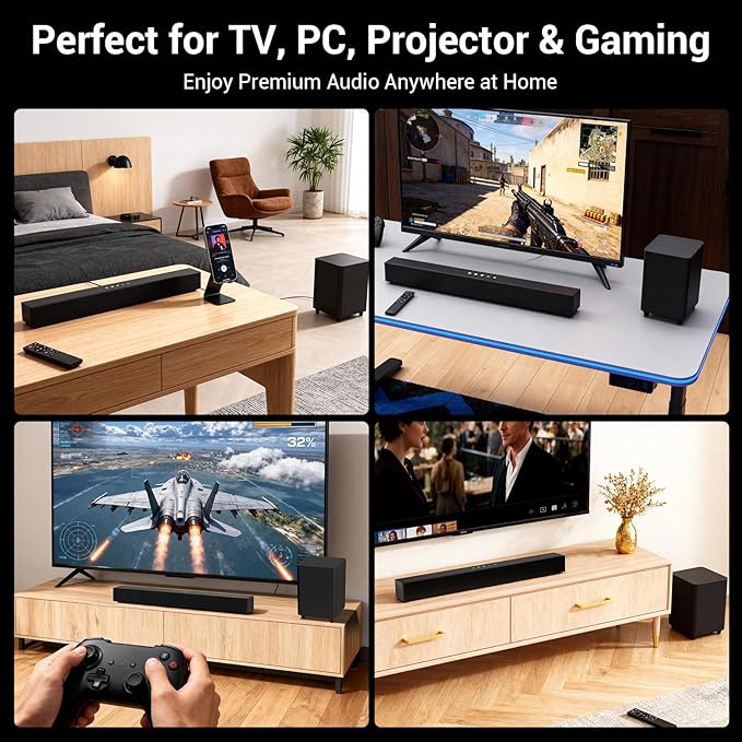 Soundbar for TV with Subwoofer, 2.1 Channel Surround Sound System, Bluetooth TV Speaker with Deep Bass, Optical/AUX/USB, Remote Control, Home Theater Sound Bar for Smart TV