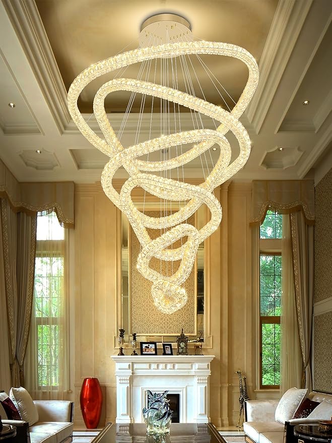 Flashing God Modern 6 Ring Crystal Chandeliers for High Ceiling Large Foyer Chandeliers LED Dimmable Crystal Ceiling Light Fixtures for Entryway Living Room Staircase Gold