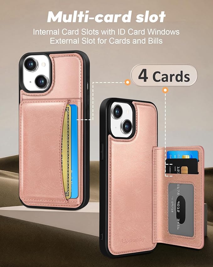 for iPhone 14 Plus Case with Wallet - Fits 4 Card Slots, Compatible with MagSafe for Women Aesthetic Durable PU Leather Credit Card Holder Kickstand Phone Cover for Apple 14 Plus, Rose Gold