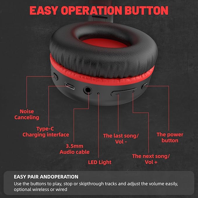 U2B Active Noise Canceling Wired & Wireless Bluetooth 6.0 Headphones with Microphone, Foldable Lightweight Head Phones with Volume Control‌ for Kids Adult School Black Red