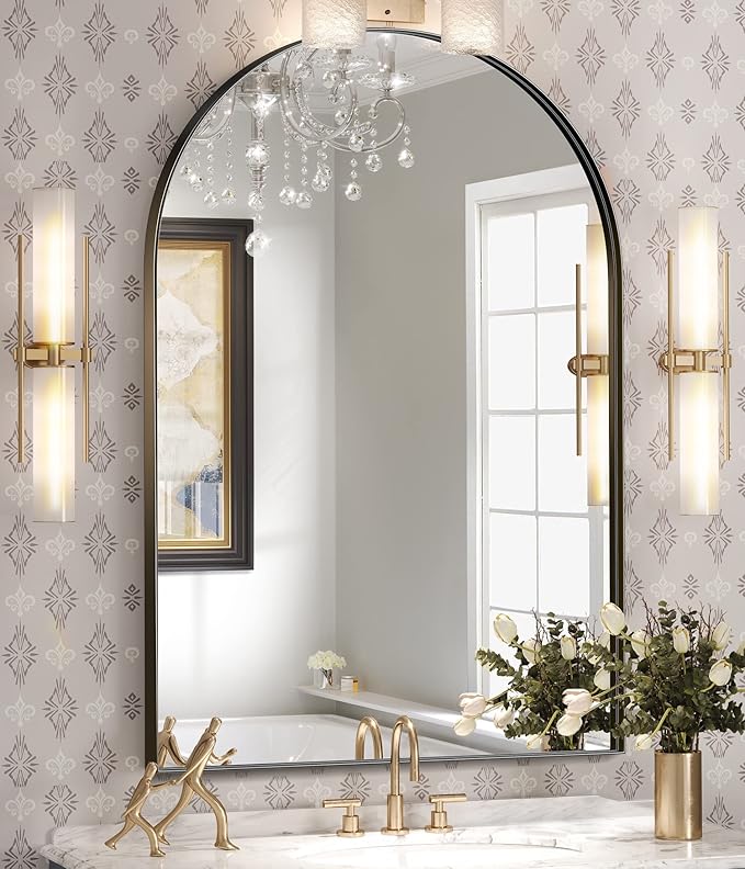 Brightify Arched Mirror, Arched Wall Mirror, 24 x 36 Inch Black Arch Mirror, Metal Frame Black Bathroom Mirror, Arched Top Bathroom Vanity Mirror for Living Room Bedroom Mantel Entryway Hallways