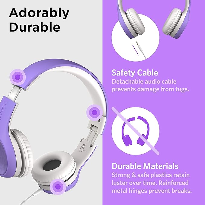 LilGadgets Connect+ Style On-Ear Kids Headphones with Microphone - SharePort Technology, SoftTouch Padding, Detachable Cable, Volume Limiting, Durable & Adjustable - Purple
