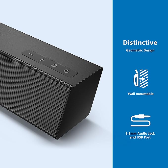 Philips B5306 2.1 Channel Soundbar with Wireless Subwoofer - Bluetooth, HDMI ARC, Roku TV Ready, 40W Max Power, Black