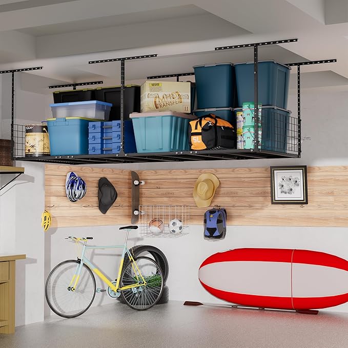 3 x 8FT Overhead Garage Storage Rack,Adjustable Ceiling Storage Racks,Garage Shelving Heavy Duty Storage Organizer System With Sidebar,Load 600LBS Weight