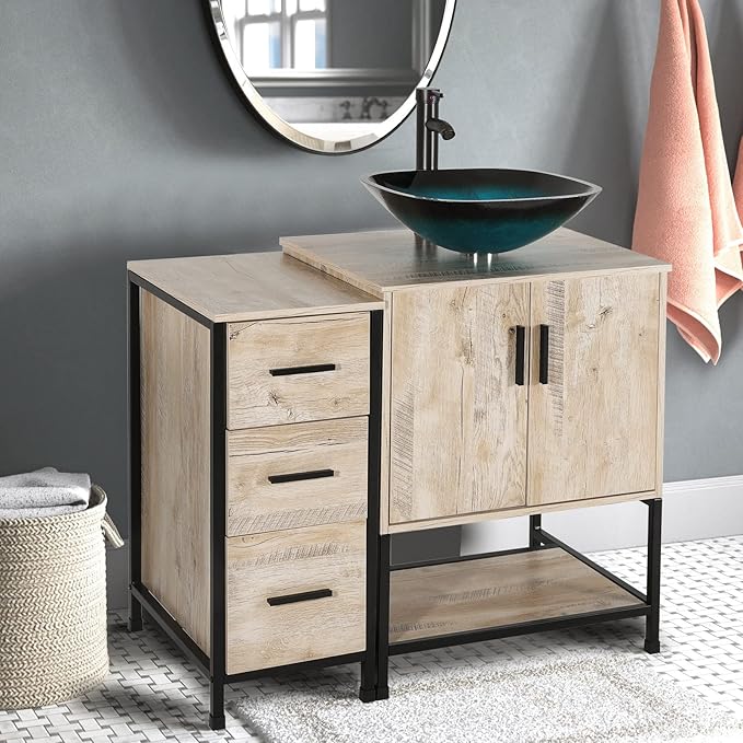eclife 36" Bathroom Vanity Sink Combo Modern Metal Stand Cabinet W/Bottom Shelf & Storage Side Cabinet Turquoise Square Vessel Sink & Water Save Faucet & Pop Up Drain, Oak (A10)