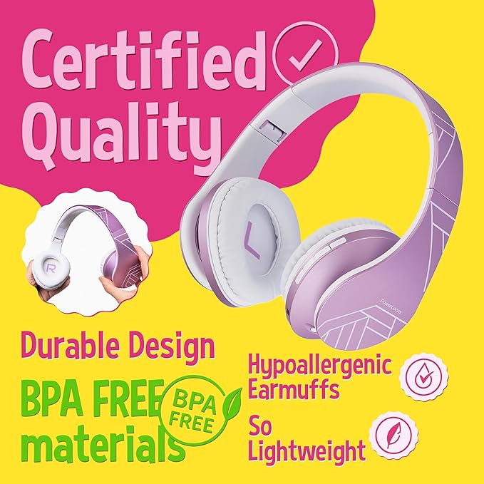 PowerLocus Kids Headphones Over-Ear, Bluetooth Wireless Headphones for Kids,with Microphone, Safe 85DB Volume Limited, Foldable with Carry Case, Audio Cable, Micro SD mode for Online Classes,PC,Phones