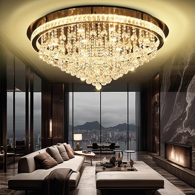 Dia 40" Modern Crystal Chandeliers for Living Room,Black Large Chandelier Flush Mount Chandeliers for Bedrooms Dining Room Dimmable 2700k 4500k 6000k