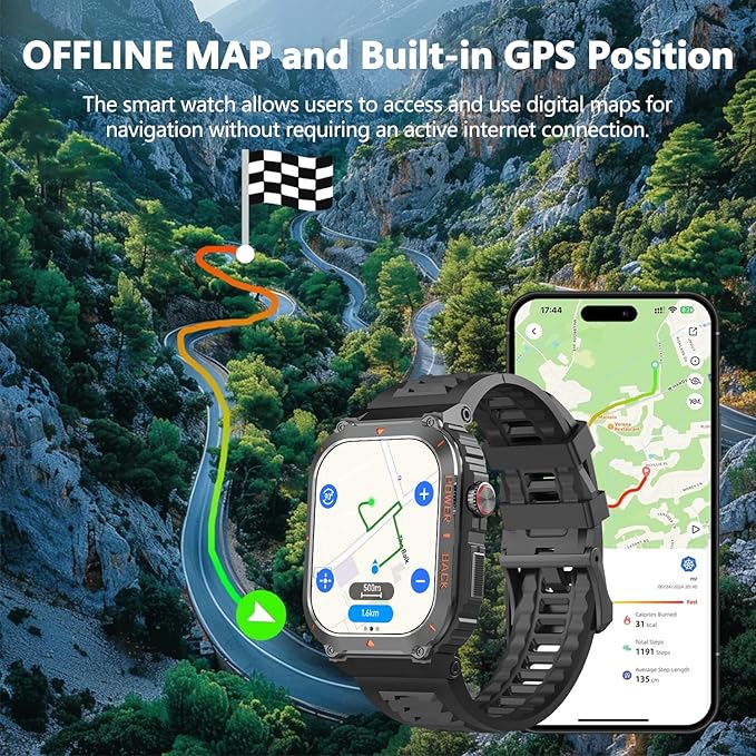 Military GPS Smart Watch for Men with Offline Map/Air Pressure/Altitude/Compass,smart Watch for Android Phones and iPhone,Waterproof Fitness Tracker with Blood Oxygen/Heart Rate/Sleep/100+ Sport Modes