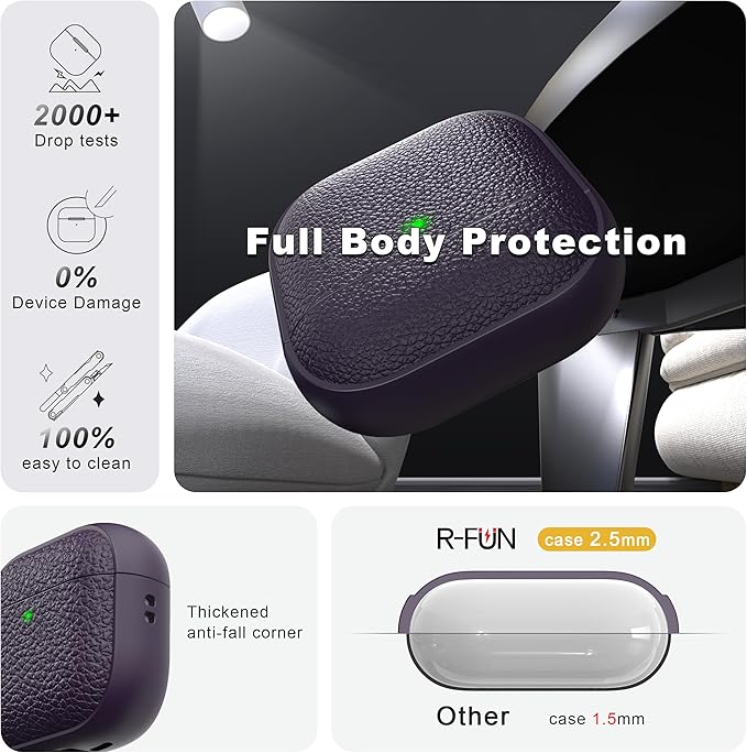 R-fun for Airpods 4 Case, Soft TPU (Leather-Like Design) Drop Protection Cover for Men and Women with Lanyard and Cleaner Kit, Compatible with Apple Latest Airpods 4th Gen(USB-C)(2024)-Purple