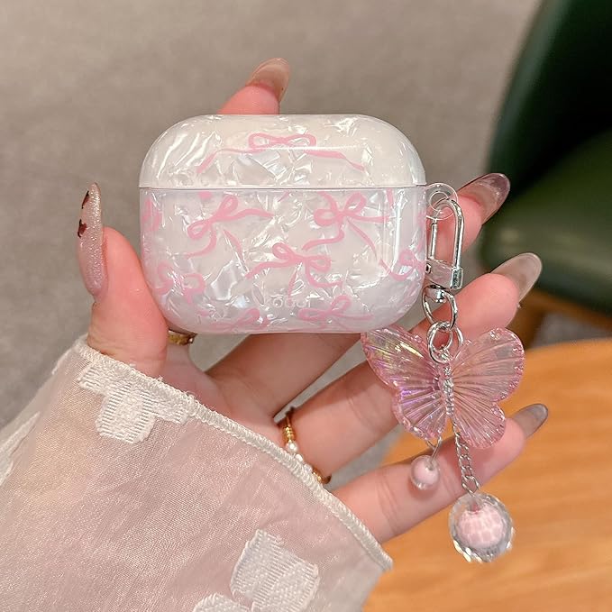for AirPod Pro 3 Case 2025 Cute Bow Shell Pearl TPU Protective Cover with Butterfly Keychain Compatible with AirPods Pro 3rd Generation Case for Women Girls (Pink Bow)