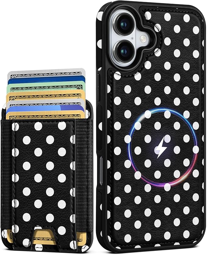 Shorogyt for iPhone 17 Wallet Case - Fits 5 Cards, Compatible with Magsafe Detachable Magnetic Credit Card Holder Leather Cardholder Cute Phone Cover Women Girls for Apple 17, Polka Dots